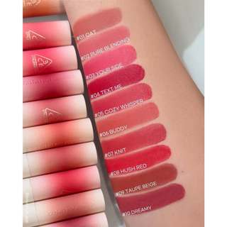 Son Thỏi 3CE Cashmere Hug Lipstick 10 Màu Mịn Lì Nhẹ Môi Knit Hug Red Taupe Beige Cozy Whisper 3.5g
