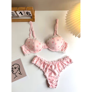 Bộ đồ lót nữ, áo lót có gọng dáng cup nửa Xbra Studio vải đũi dâu tây hồng phối viền ren