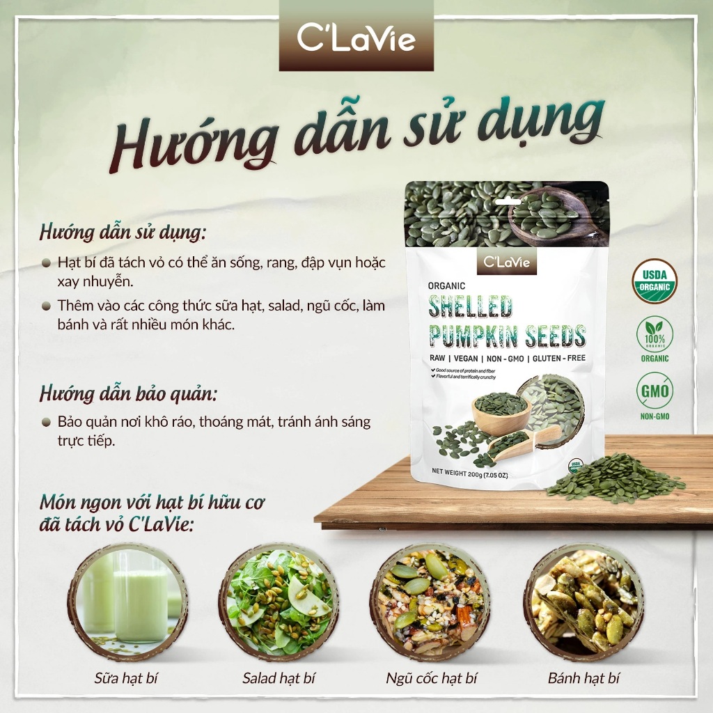 Hạt bí hữu cơ bóc vỏ Organic Pumpkin seeds Markal/ Sottolestelle/ C'lavie