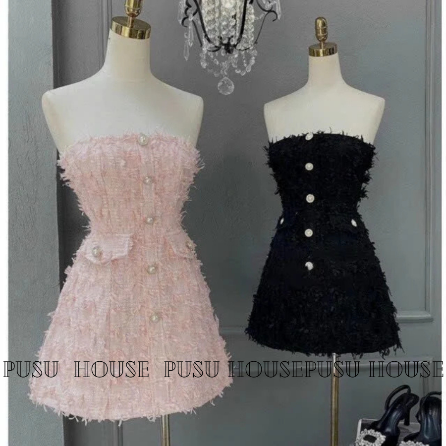 Đầm nữ thiết kế cúp ngực chất dạ tweed phối nút dự tiệc dạo phố hẹn hò -PUSU HOUSE