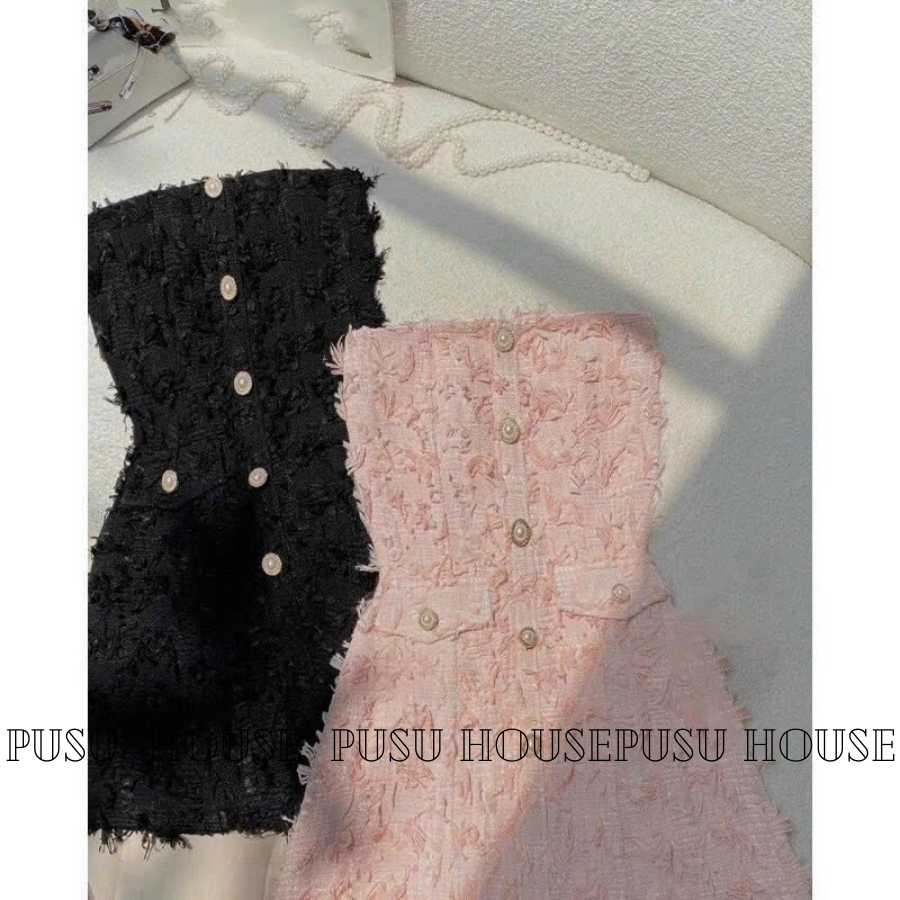 Đầm nữ thiết kế cúp ngực chất dạ tweed phối nút dự tiệc dạo phố hẹn hò -PUSU HOUSE
