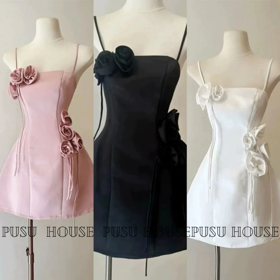 [Hàng sẵn-hình thật 100%]Đầm hai dây phối hoa hồng dáng xòe nữ tính dễ thương đi chơi đi tiệc dạo phố-PUSU HOUSE