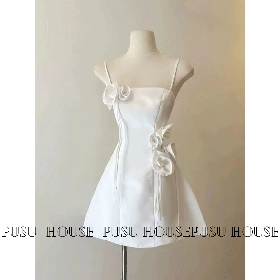 [Hàng sẵn-hình thật 100%]Đầm hai dây phối hoa hồng dáng xòe nữ tính dễ thương đi chơi đi tiệc dạo phố-PUSU HOUSE