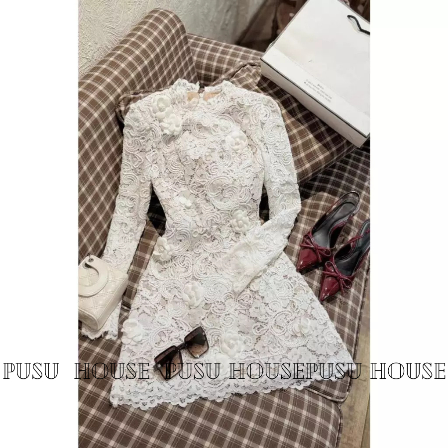 Đầm dự tiệc nữ thiết kế tay dài ren hoa form A sang trọng , thanh lịch (không kèm tag hoa)- PUSU HOUSE
