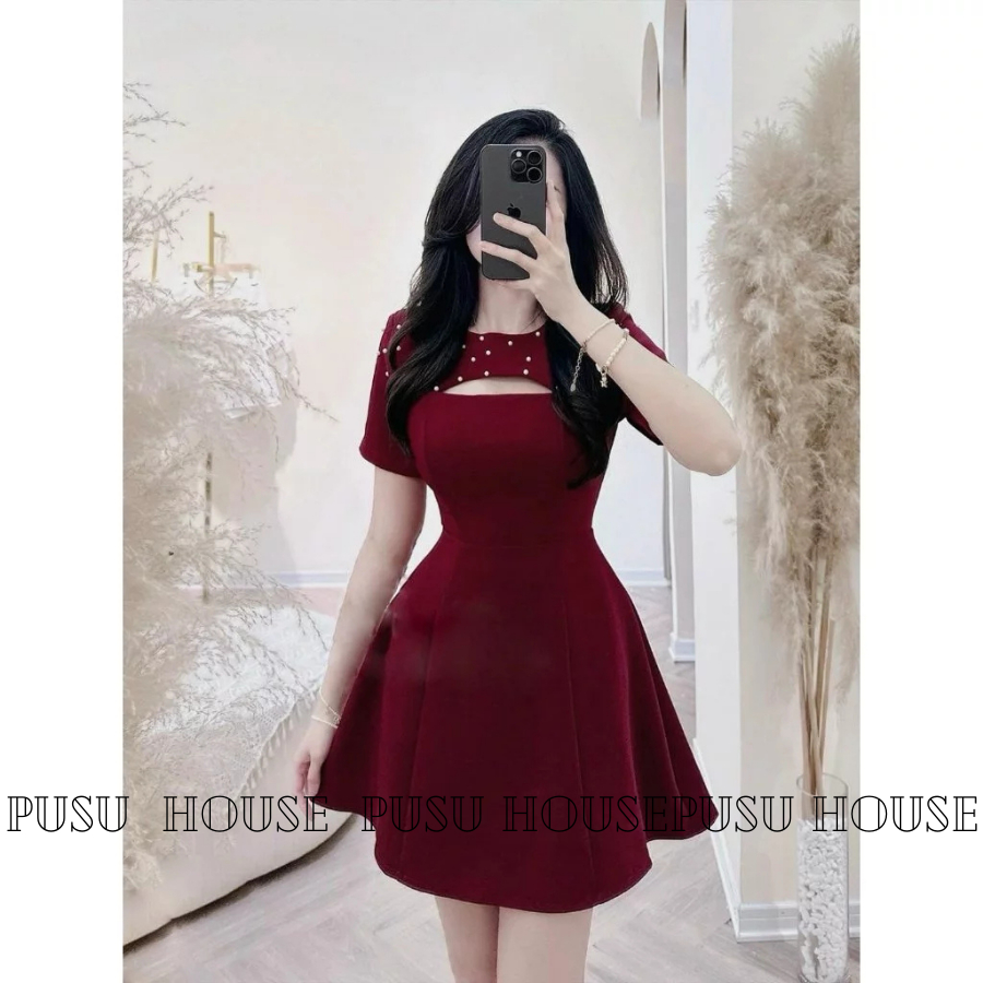 Đầm đỏ dáng A xòe khoét ngực đính đá sang trọng-PUSU HOUSE