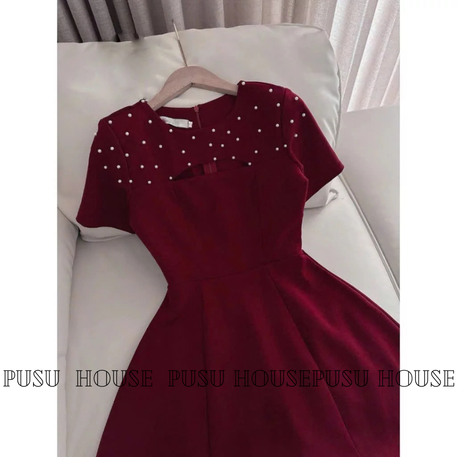 Đầm đỏ dáng A xòe khoét ngực đính đá sang trọng-PUSU HOUSE