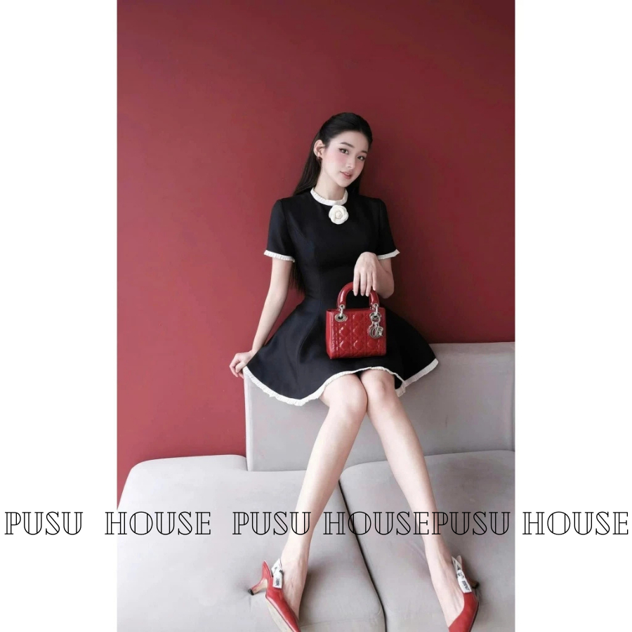 Đầm nữ thiết kế đen phối dập ly tiểu thư kèm tag hoa , đầm dự tiệc thanh lịch có big size- PUSU HOUSE