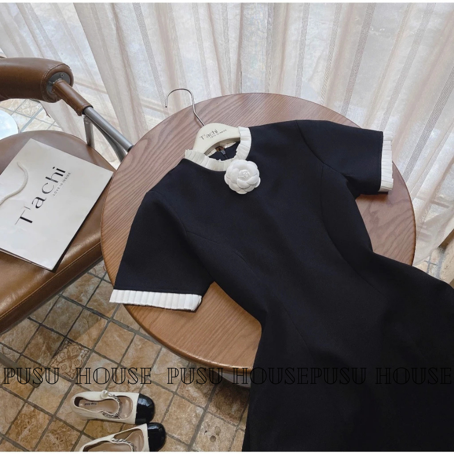Đầm nữ thiết kế đen phối dập ly tiểu thư kèm tag hoa , đầm dự tiệc thanh lịch có big size- PUSU HOUSE