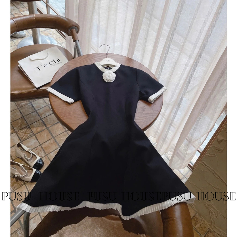 Đầm nữ thiết kế đen phối dập ly tiểu thư kèm tag hoa , đầm dự tiệc thanh lịch có big size- PUSU HOUSE