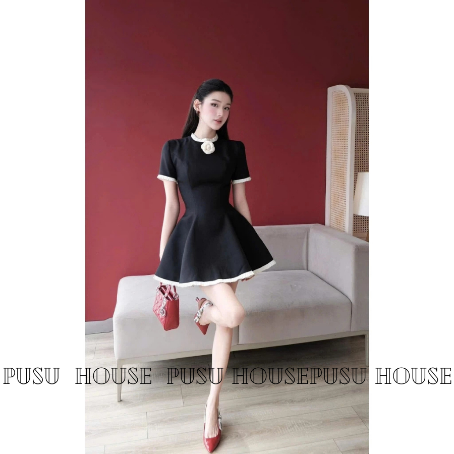 Đầm nữ thiết kế đen phối dập ly tiểu thư kèm tag hoa , đầm dự tiệc thanh lịch có big size- PUSU HOUSE