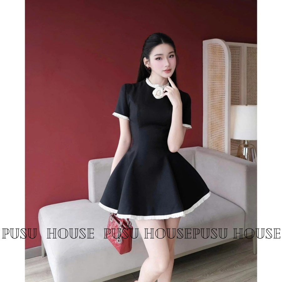 Đầm nữ thiết kế đen phối dập ly tiểu thư kèm tag hoa , đầm dự tiệc thanh lịch có big size- PUSU HOUSE