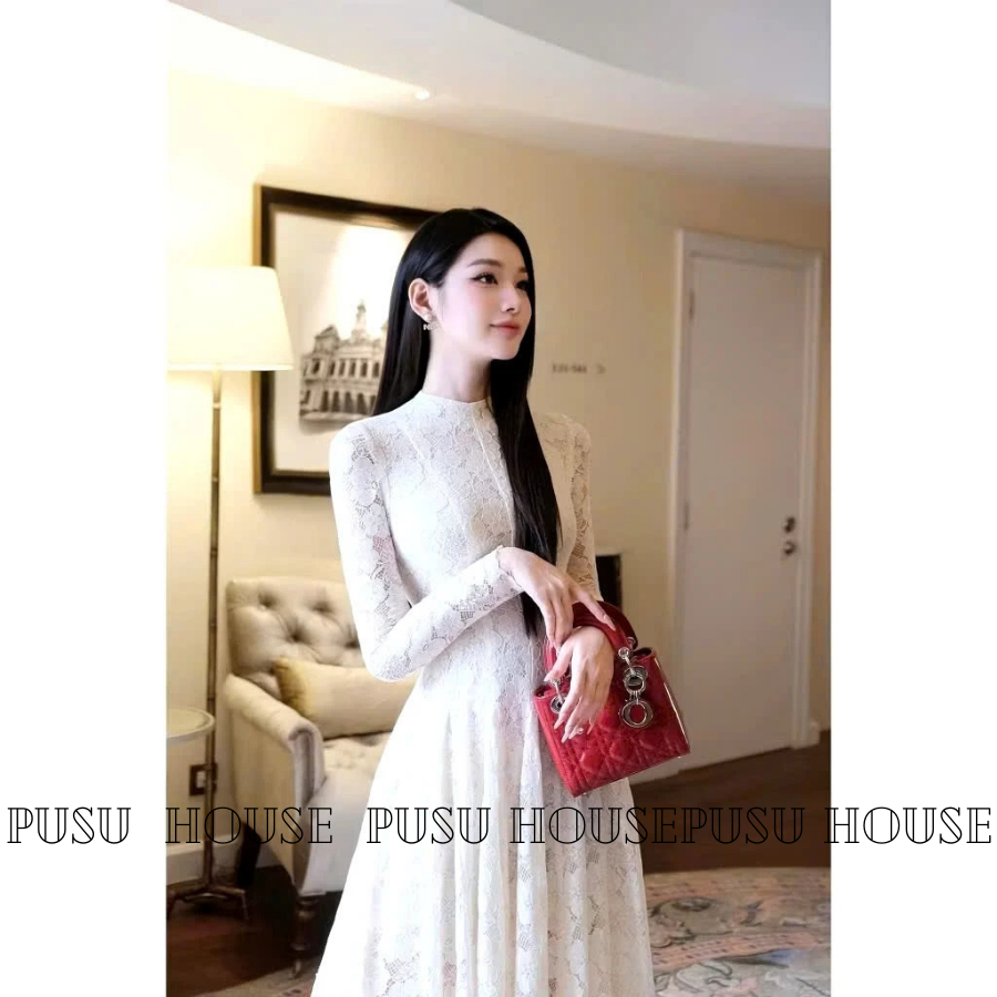 [Hàng sẵn-ren như hình ]Đầm nữ thiết kế dự tiệc cổ tròn dài tay ren họa tiết sang trọng thanh lịch- PUSU HOUSE