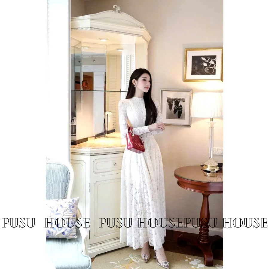 [Hàng sẵn-ren như hình ]Đầm nữ thiết kế dự tiệc cổ tròn dài tay ren họa tiết sang trọng thanh lịch- PUSU HOUSE