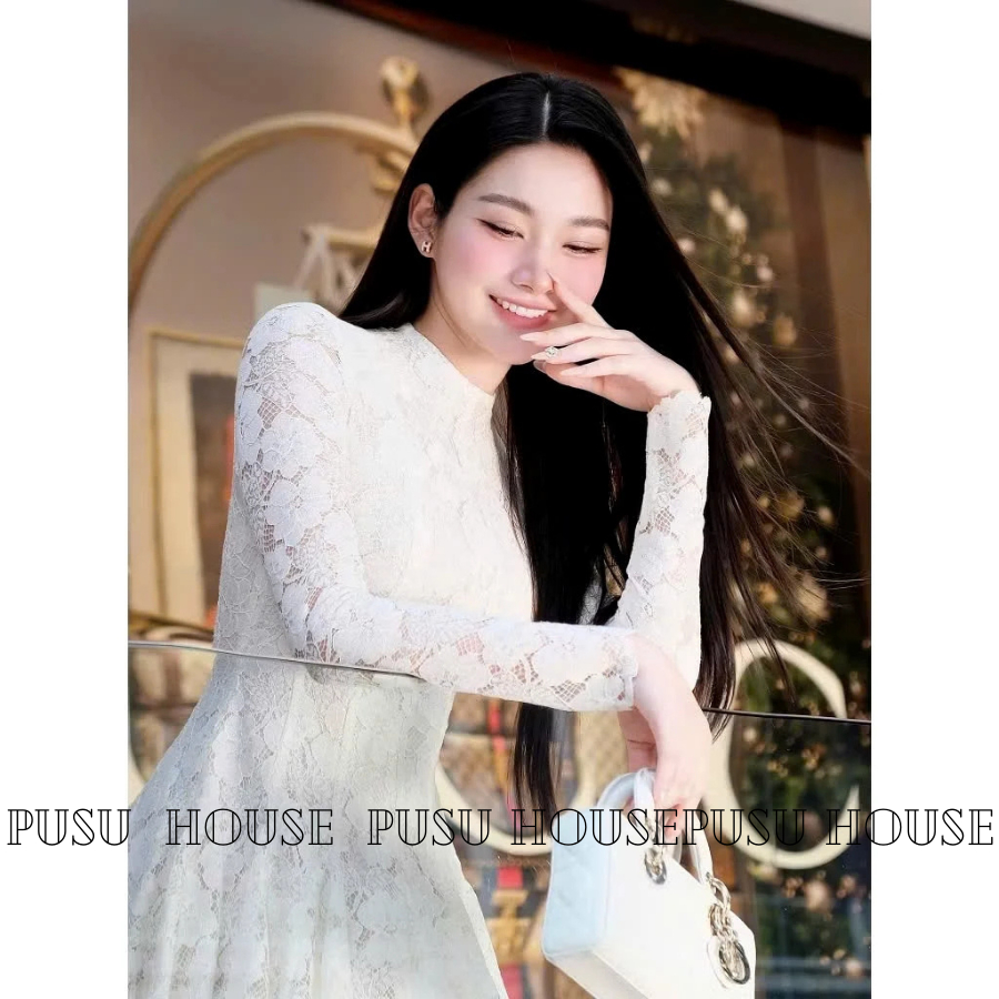 [Hàng sẵn-ren như hình ]Đầm nữ thiết kế dự tiệc cổ tròn dài tay ren họa tiết sang trọng thanh lịch- PUSU HOUSE