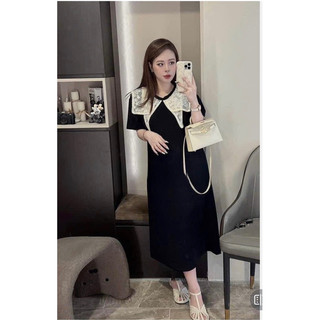 Váy bầu - CỘC TAY ĐEN COTTONG CỔ REN NHỌN