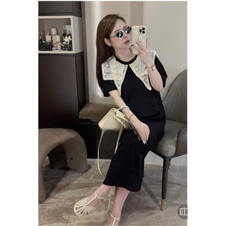Váy bầu - CỘC TAY ĐEN COTTONG CỔ REN NHỌN