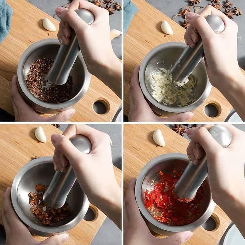 BỘ CỐI CHÀY GIÃ GIA VỊ BĂNG INOX 304 CÓ NẮP ĐẬY CHỐNG BẮN TIỆN LỢI