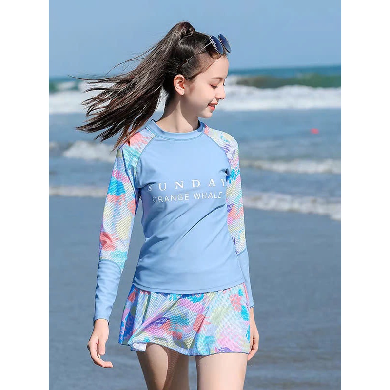 Đồ bơi nữ,dài tay quần short, bộ bơi in họa tiết năng động kín đáo dành cho mẹ và bé 15-65kg