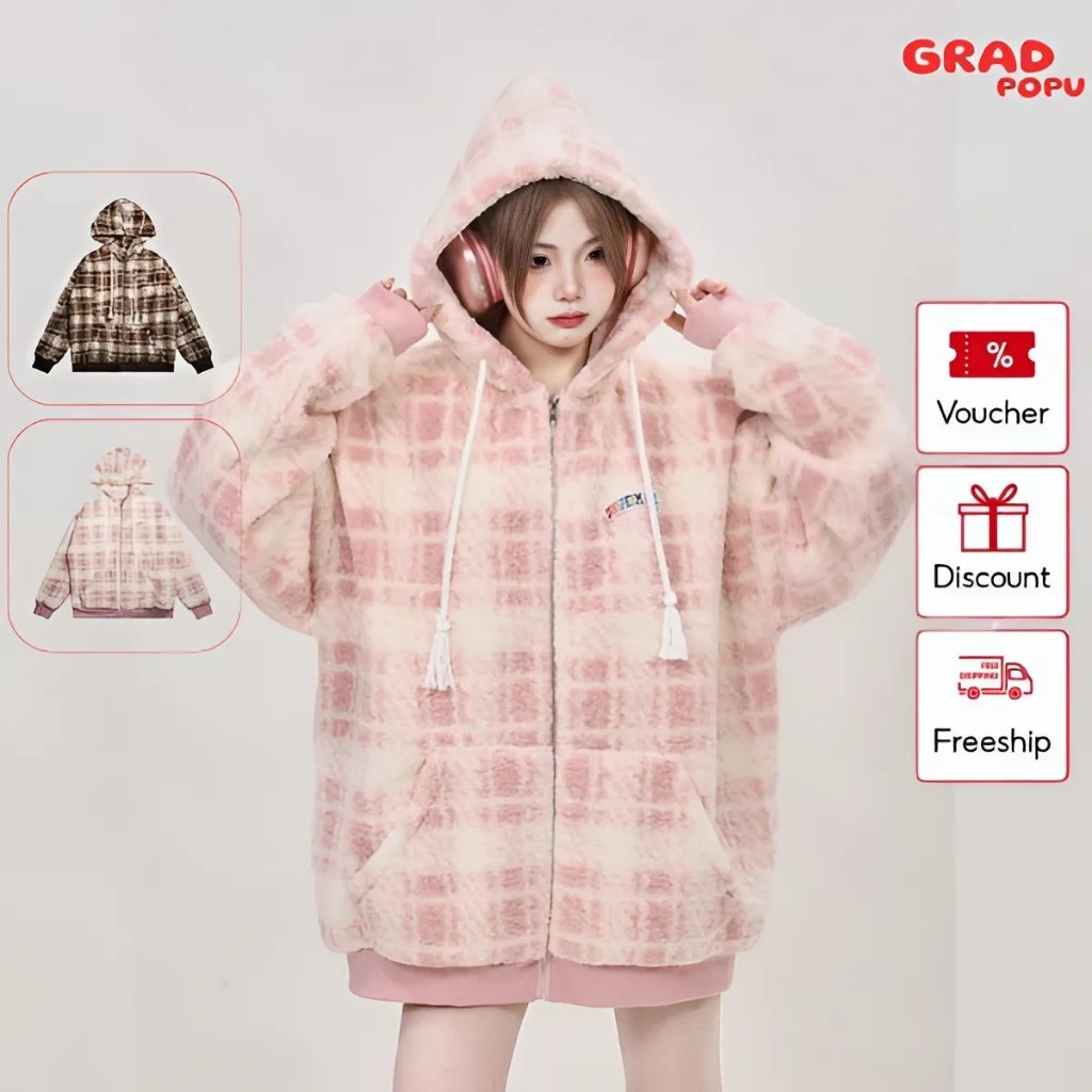 Áo hoodie zip nữ form rộng dày GRADPOPU PH28 vải nỉ chần bông dày dặn siêu ấm có mũ trùm đầu kẻ sọc bắt mắt