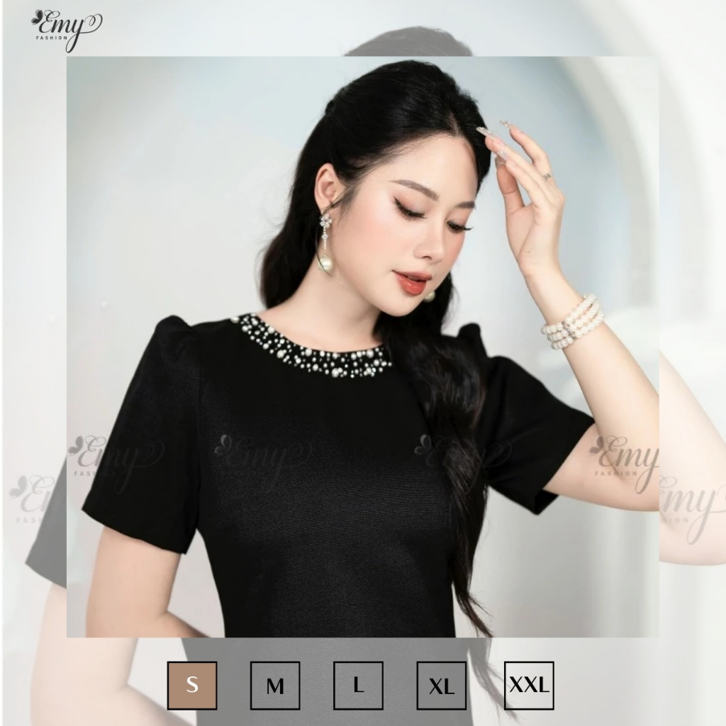 Ảnh Đầm Suông Đen Thiết Kế Cao Cấp Trung Niên EMY EM7359 Sang Trọng Thanh Lịch Đi Dự Tiệc, Đi Chơi 3