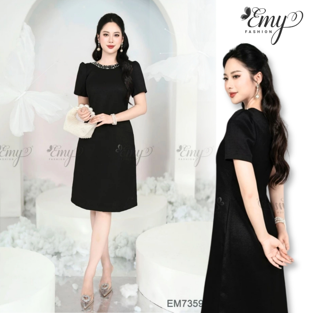 Ảnh Đầm Suông Đen Thiết Kế Cao Cấp Trung Niên EMY EM7359 Sang Trọng Thanh Lịch Đi Dự Tiệc, Đi Chơi 1
