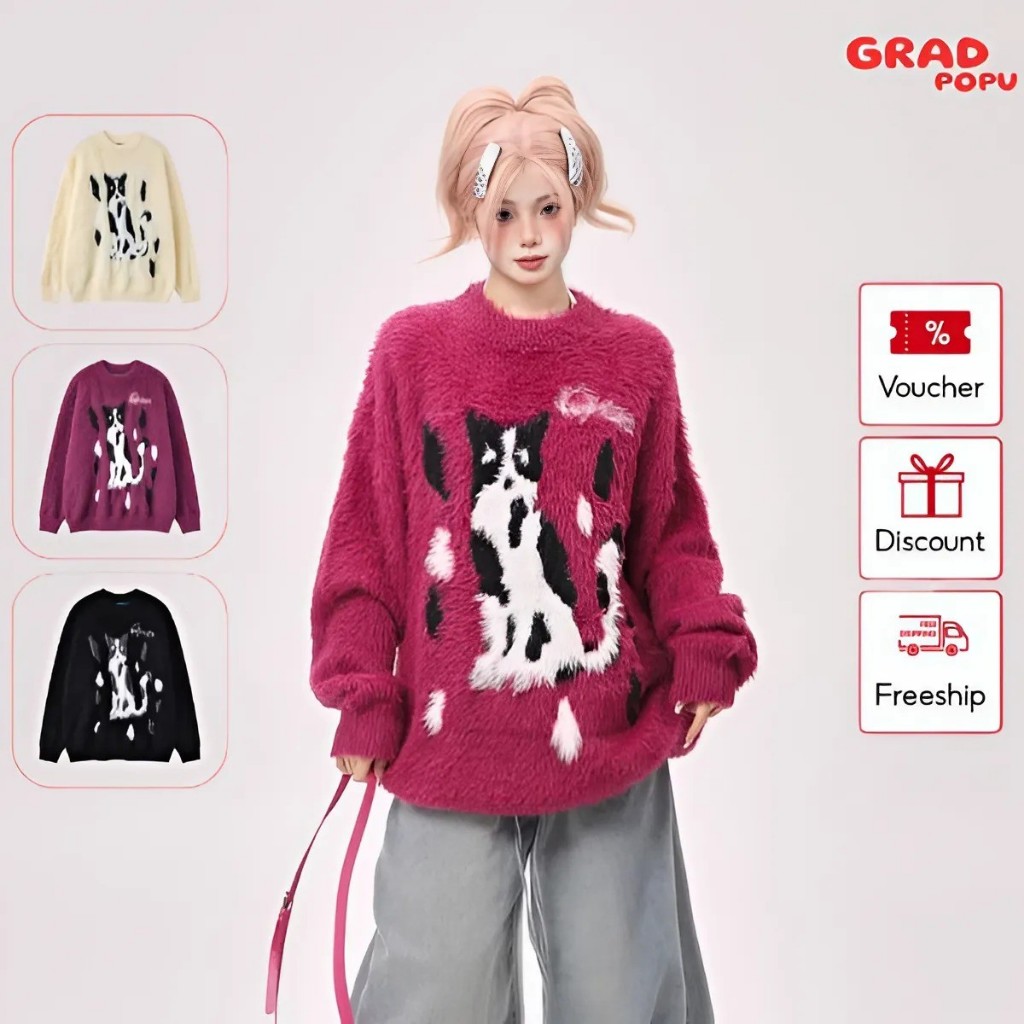 Áo len nữ GRADPOPU PPAL01 dài tay dệt kim mềm mại in hình mèo vui nhộn, áo sweater dáng rộng phong cách retro ấm áp
