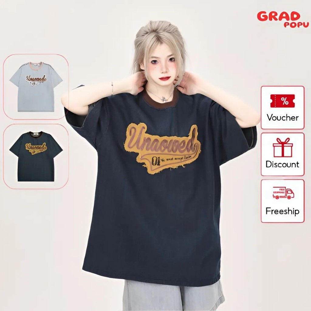 Áo thun nữ form rộng GRADPOPU PAT79 thêu denim mềm mại thoáng mát cổ tròn tay ngắn in hình basic cách điệu