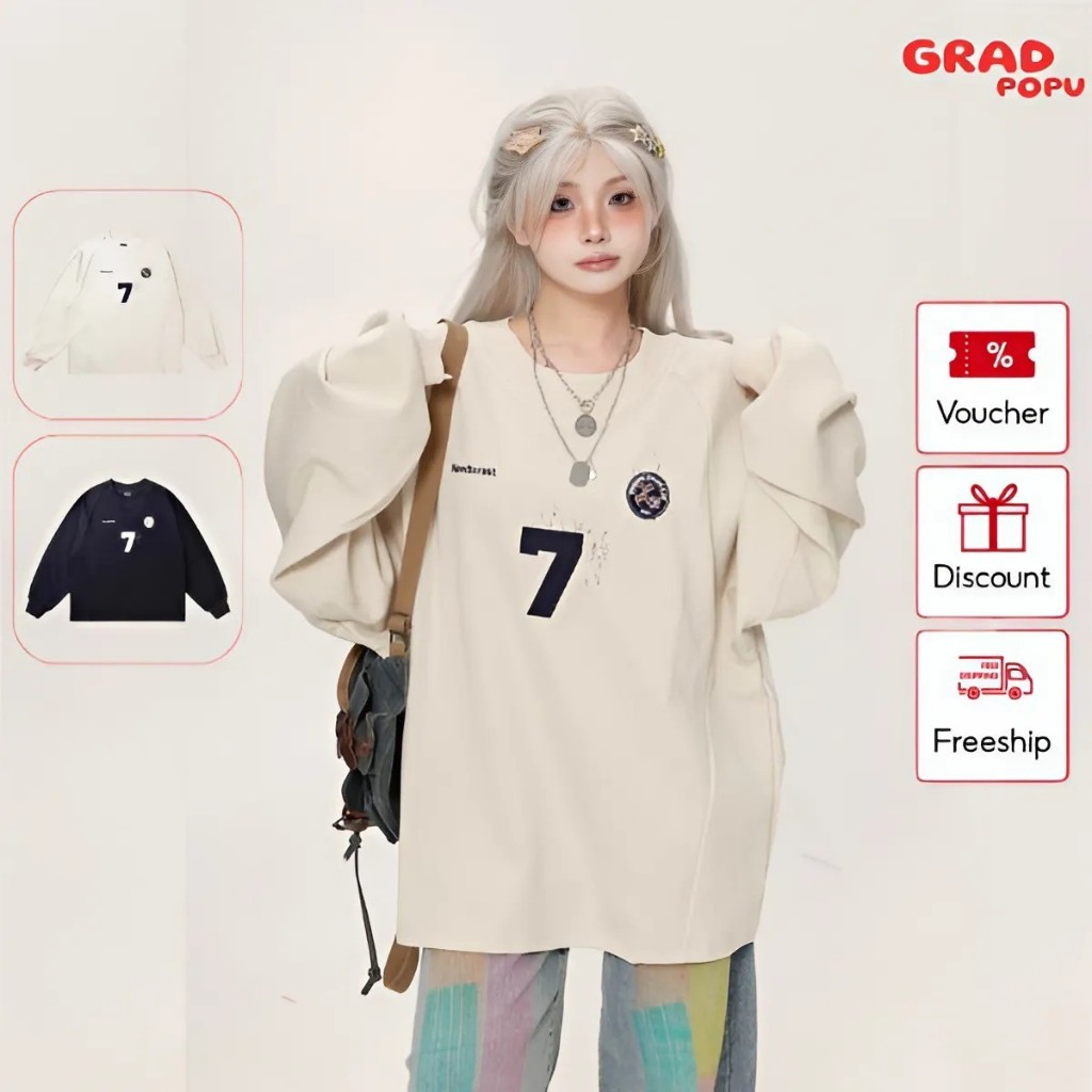 Áo thu đông nữ form rộng GRADPOPU PTD01 cổ tròn thêu raglan đơn giản và đa năng chất nỉ dày dặn ấm áp