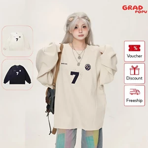 Áo thu đông nữ form rộng GRADPOPU PTD01 cổ tròn thêu raglan đơn giản và đa năng chất nỉ dày dặn ấm áp