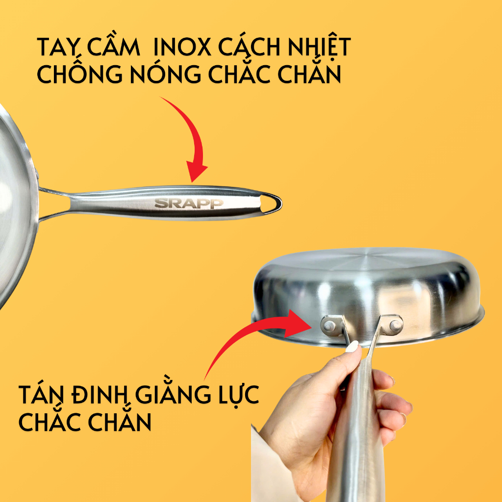 Chảo chống dính inox SRAPP, chảo tuyết sâu lòng thiết kế inox nguyên khối cực dày đường kính 28cm