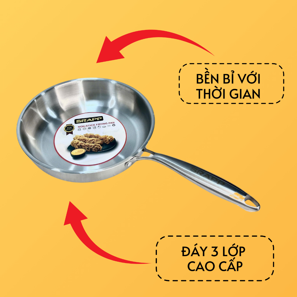 Chảo chống dính inox SRAPP, chảo tuyết sâu lòng thiết kế inox nguyên khối cực dày đường kính 28cm