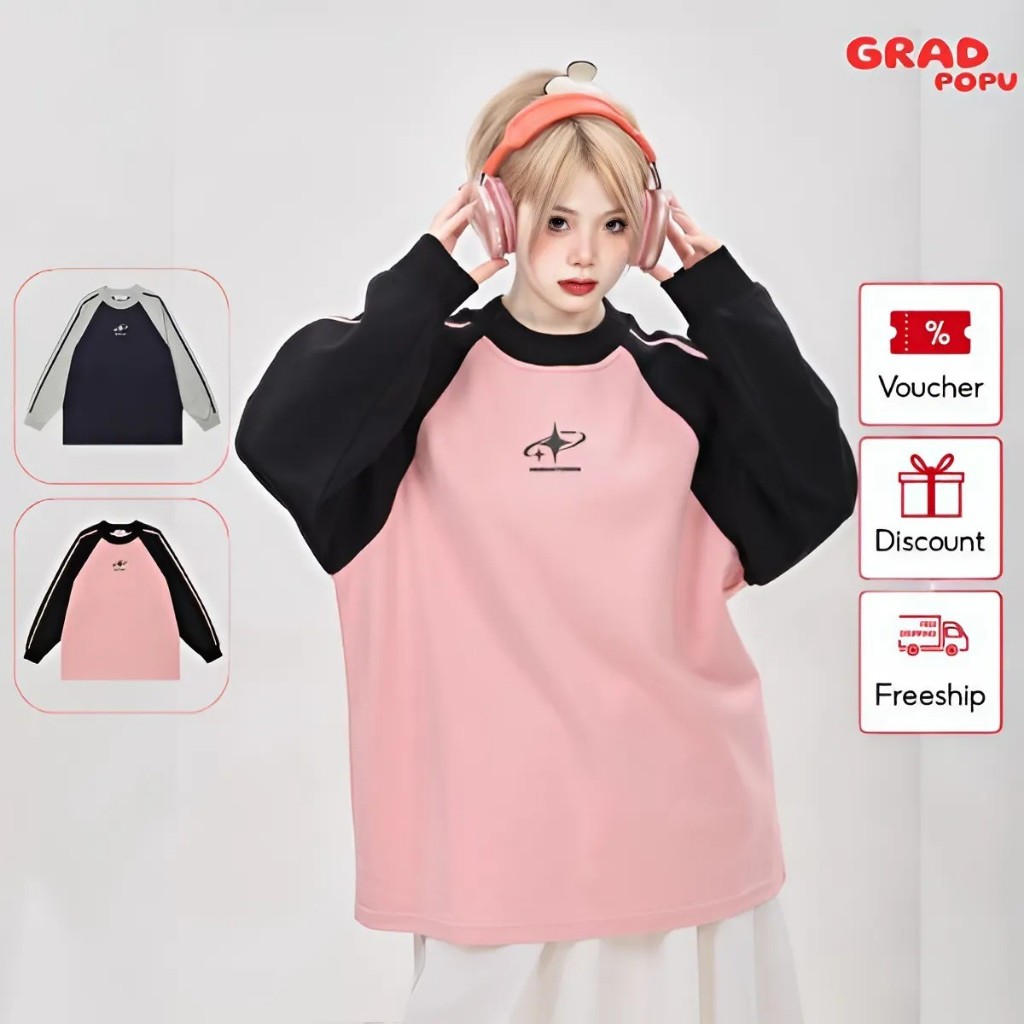 Áo thun nữ dài tay GRADPOPU PAT42 chất nỉ dày dặn phối màu kết hợp kẻ sọc, cổ tròn dáng rộng phong cách Hàn Quốc