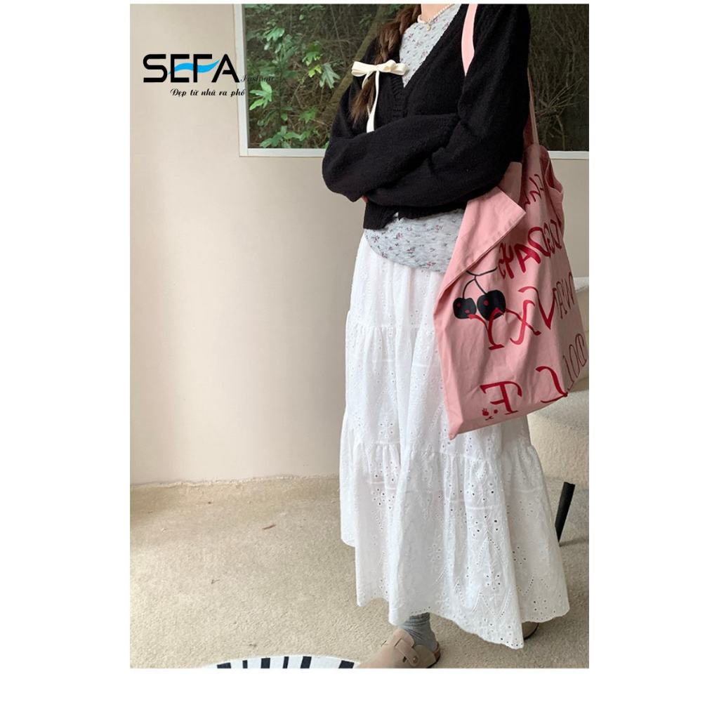 Ảnh Chân Váy SEFA Xòe Tầng Tiểu Thư Dài Màu Trắng Thô Ren Cotton Xốp Mềm Vintage Dành Cho Du Lịch, Đi Chơi, Trẻ Trung 4