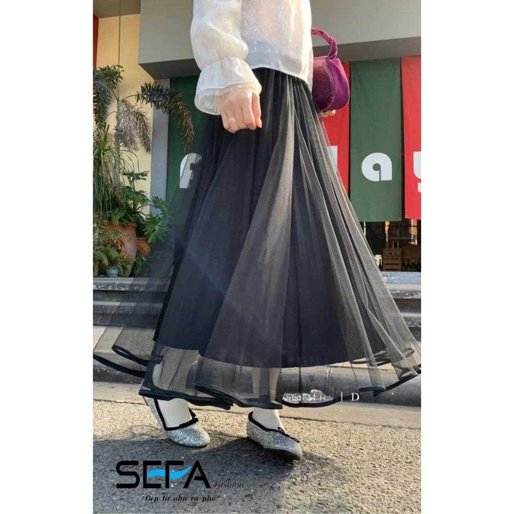 Ảnh Chân Váy SEFA xếp ly Xòe dáng Dài Lưới Bên Ngoài, lót lụa dập ly mềm chất liệu voan cao cấp có thể mặc 2 kiểu 3