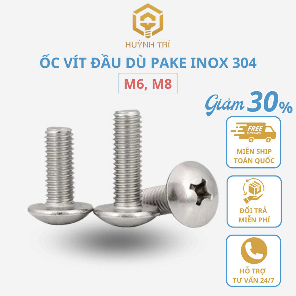 Ốc đầu dù pake Inox 304 M4 M5 M6 M8, Bu lông inox đầu dù pake inox 304 ...