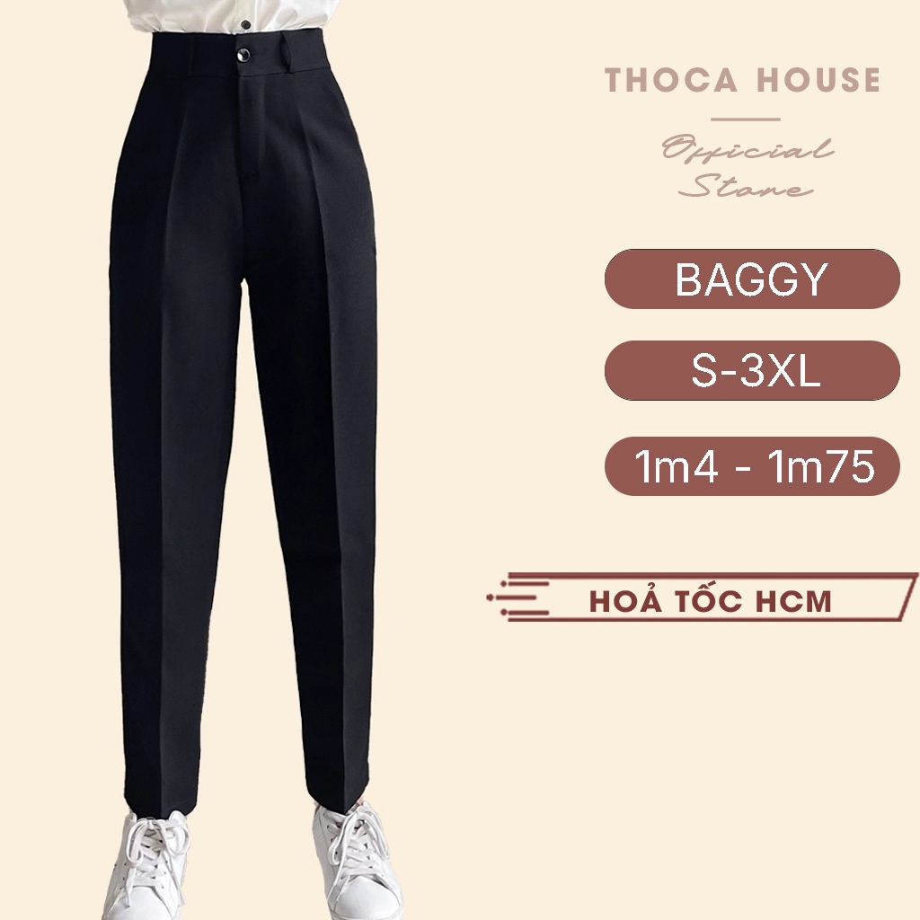 Ảnh Quần baggy nữ công sở kiểu lỡ nút trơn đen 186 THOCA HOUSE quần tây chuẩn form cao cấp tôn chân dài 1