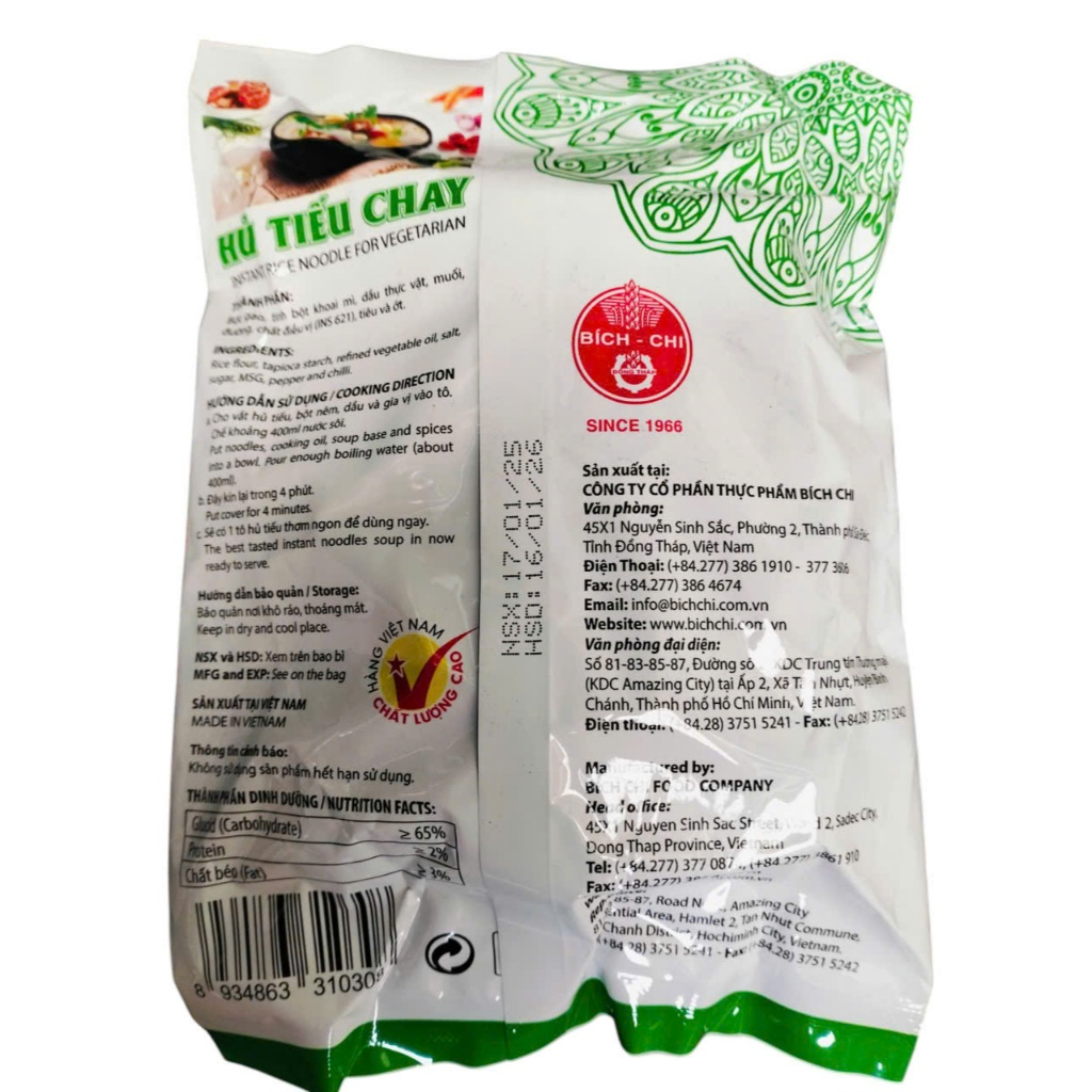 Thùng 30 gói Hủ Tiếu Chay ăn liền hiệu Bích Chi 60gr x 30 gói