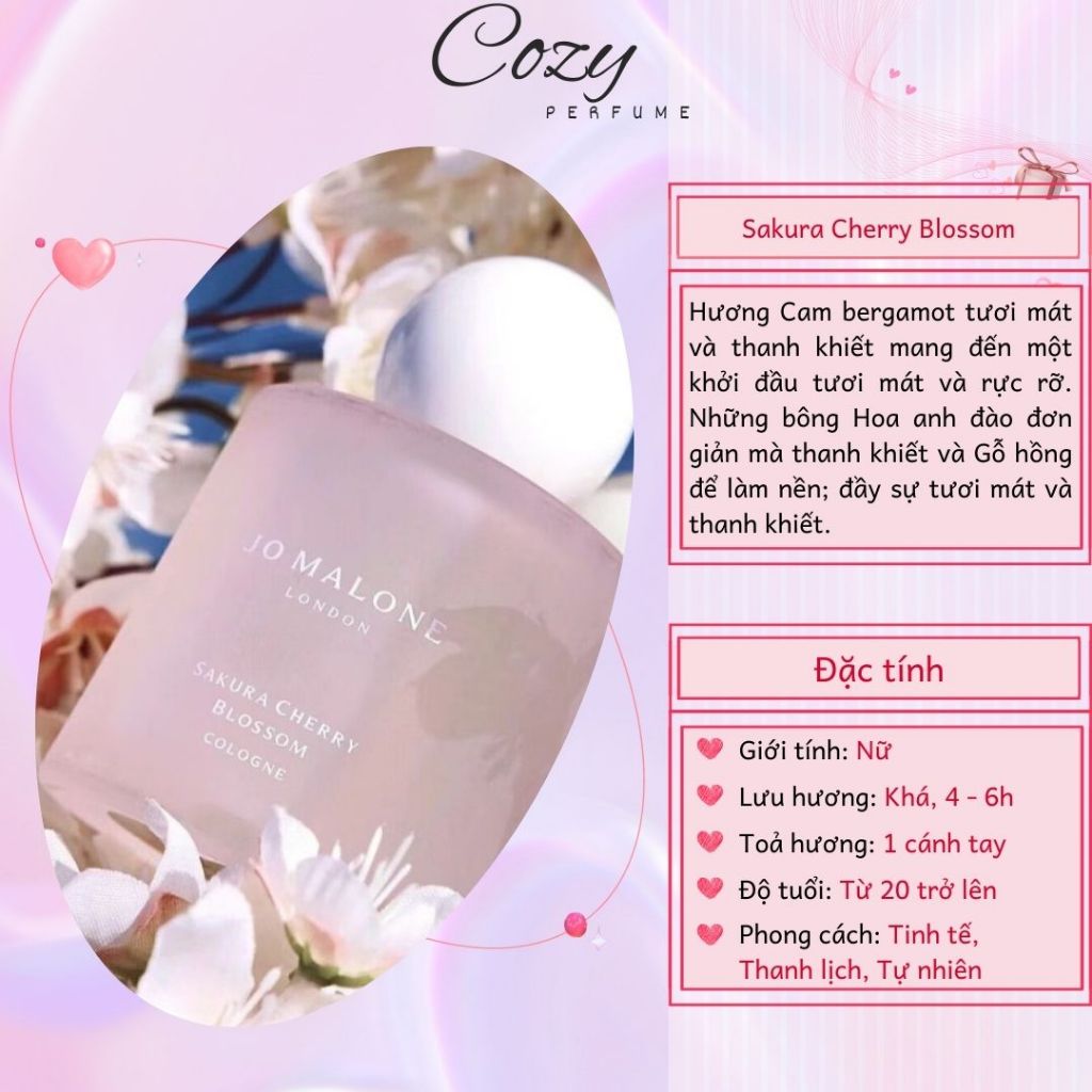 Nước hoa nữ Jo Malone Sakura Cherry Blossom Chiết 5ml/10ml Hương thơm Tươi mát Hiện đại-Cozy Perfume