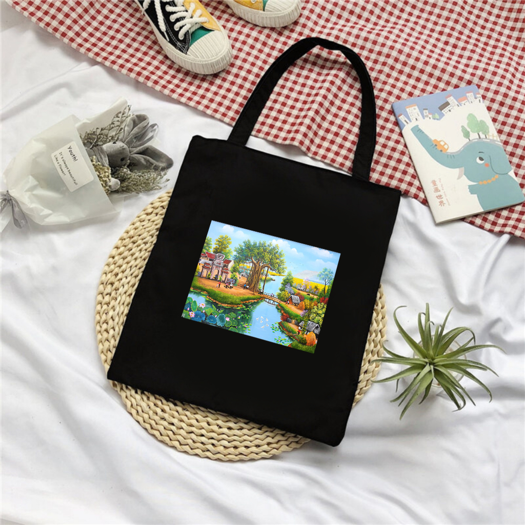 Túi Tote canvas bộ sưu tập Tranh Phong Cảnh Làng Quê Việt Nam túi vải đeo vai phong cách thời trang đựng đồ tota68