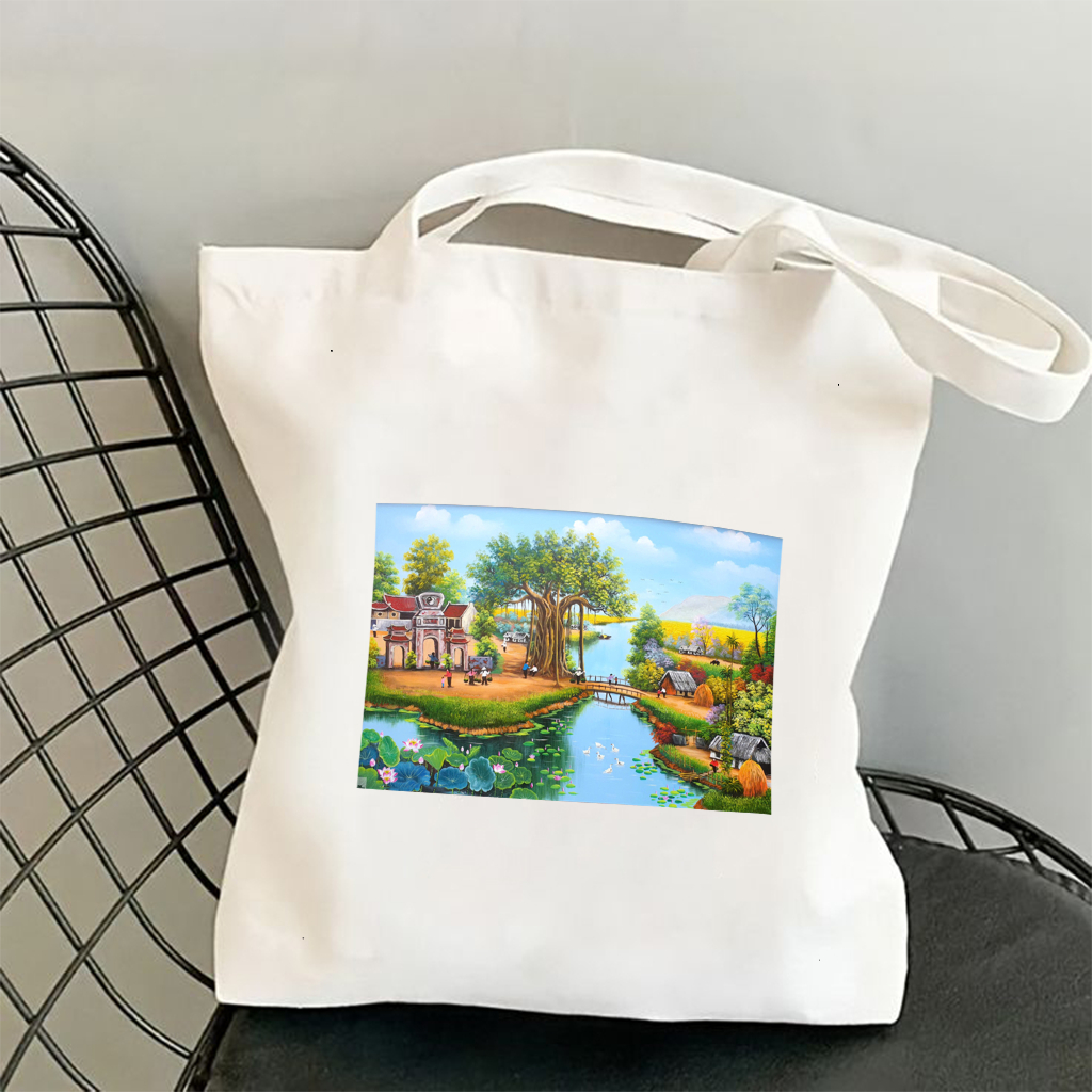 Túi Tote canvas bộ sưu tập Tranh Phong Cảnh Làng Quê Việt Nam túi vải đeo vai phong cách thời trang đựng đồ tota68