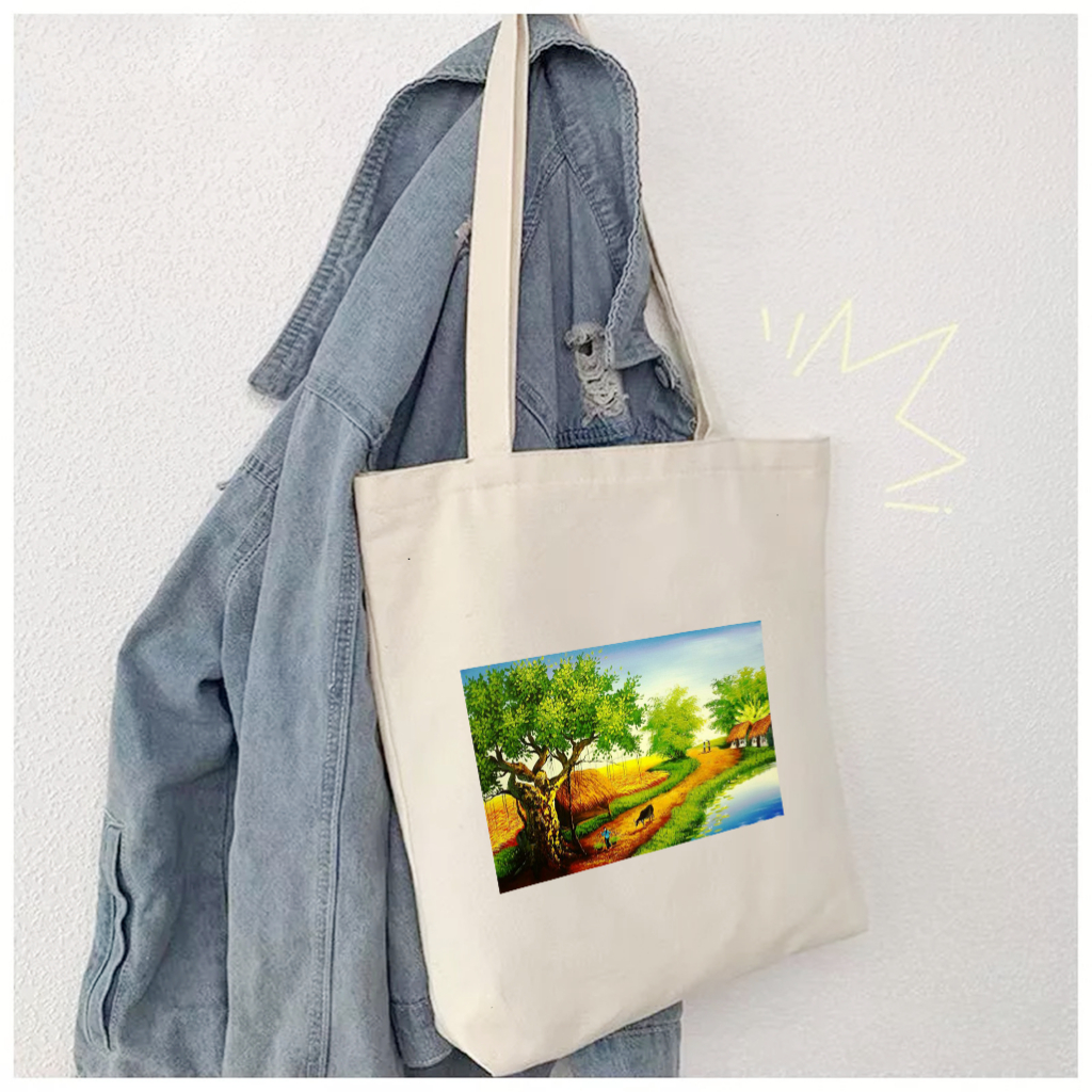Túi Tote canvas bộ sưu tập Tranh Phong Cảnh Làng Quê Việt Nam túi vải đeo vai phong cách thời trang đựng đồ tota68