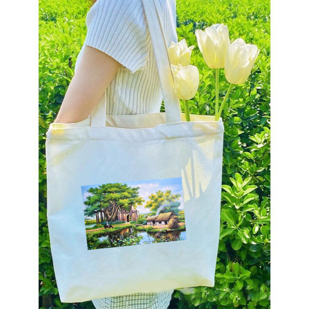 Túi Tote canvas bộ sưu tập Tranh Phong Cảnh Làng Quê Việt Nam túi vải đeo vai phong cách thời trang đựng đồ tota68