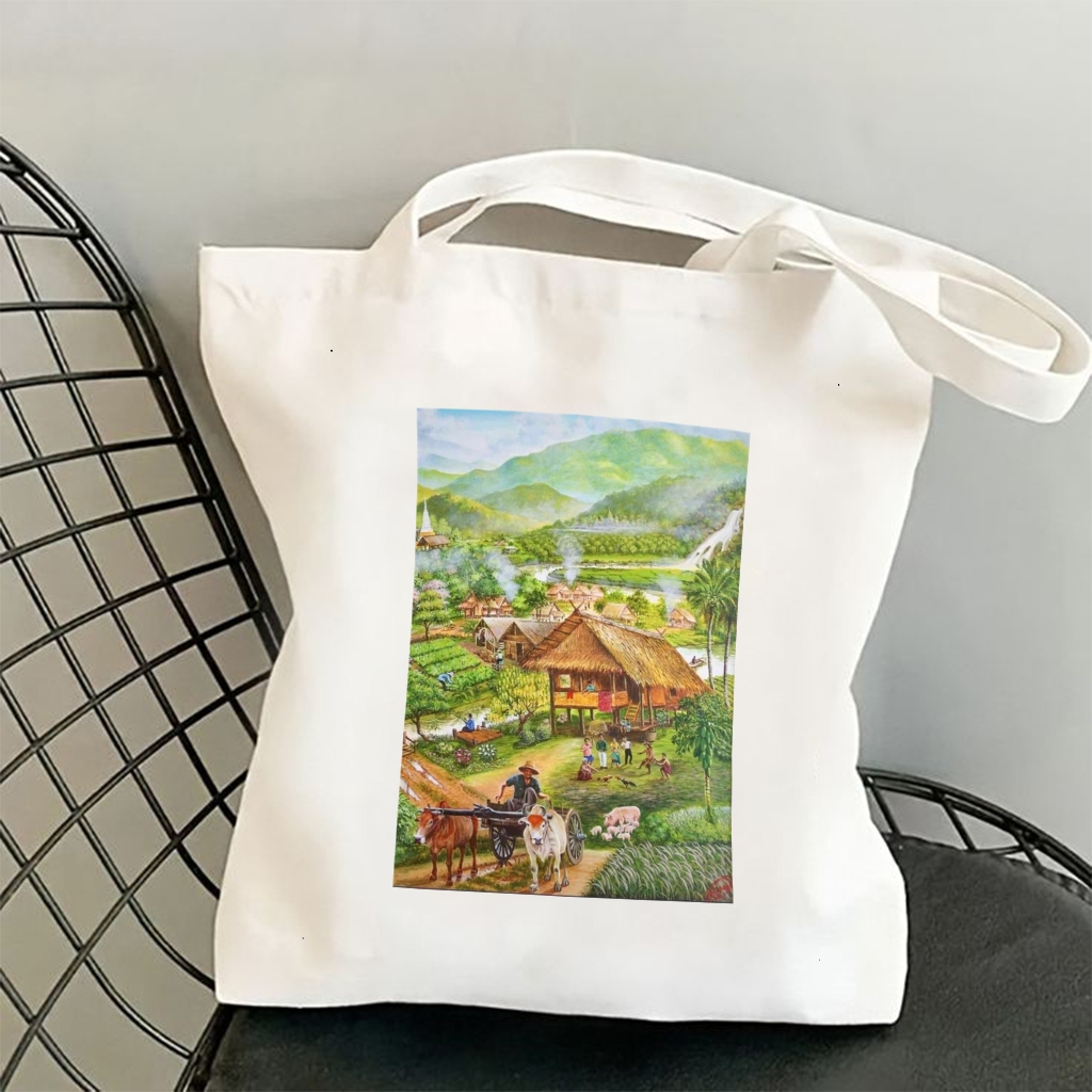 Túi Tote canvas bộ sưu tập Tranh Phong Cảnh Làng Quê Việt Nam túi vải đeo vai phong cách thời trang đựng đồ tota68