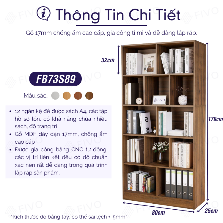 Ảnh Kệ Sách Gỗ 5 Tầng FIVO FB73 Gỗ Chống Ẩm Cao Cấp Dày Dặn, Tấm Lưng Chắc Chắn, Dễ Dàng Lắp Ráp 2