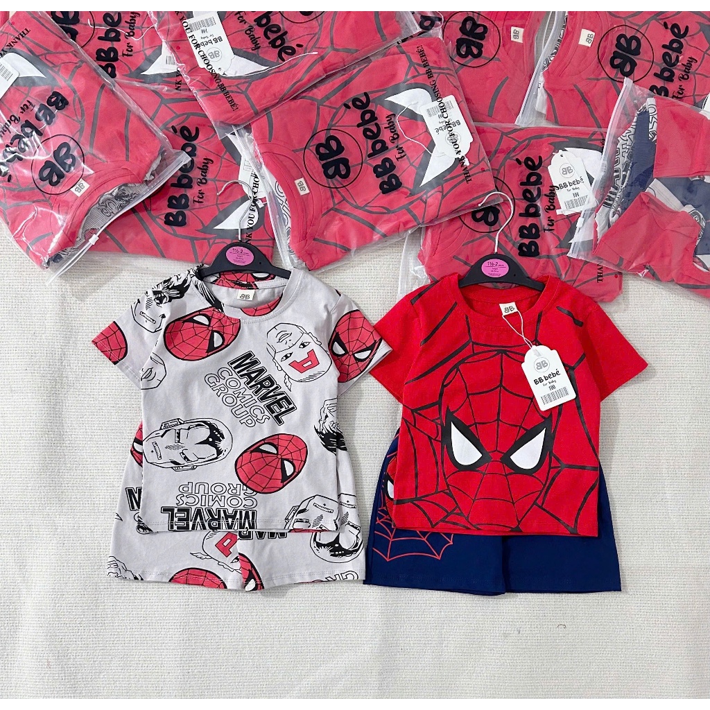 Set 2 bộ cotton hoạ tiết siêu nhân cho bé trai, combo 2 bộ siêu nhân cộc tay cho bé