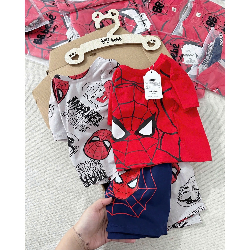 Set 2 bộ cotton hoạ tiết siêu nhân cho bé trai, combo 2 bộ siêu nhân cộc tay cho bé