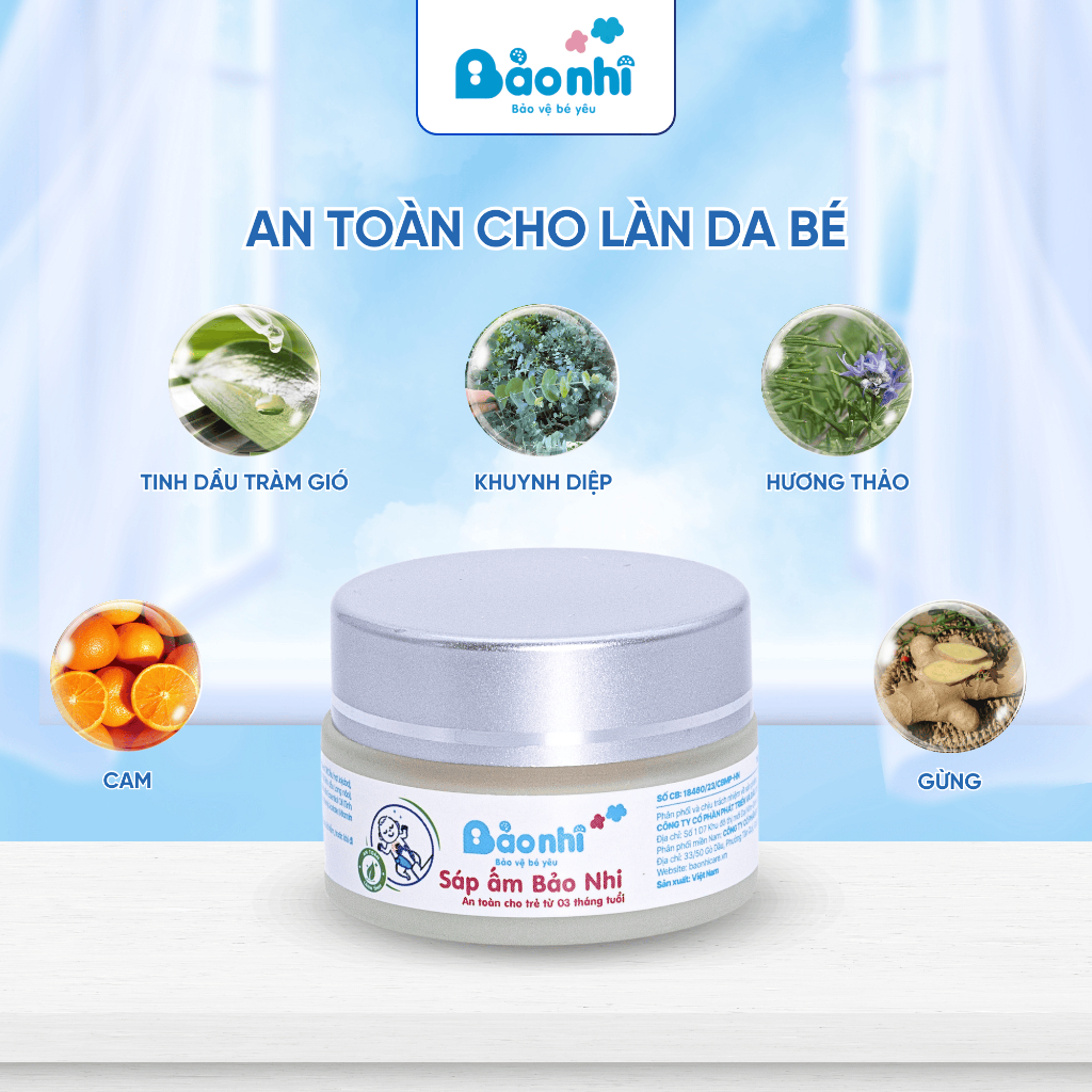 Sáp Giữ Ấm Cho Bé BẢO NHI Tránh Cảm Giảm Ho Ngừa Ngạt Mũi Từ Tinh Dầu Thiên Nhiên An Toàn Cho Bé 15g