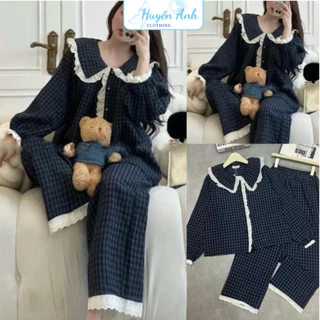 Set Bộ Đồ Ngủ Kẻ Caro Xanh than Phối Bèo Tay Dài Kèm Quần Suông Ống Rộng Freesize.