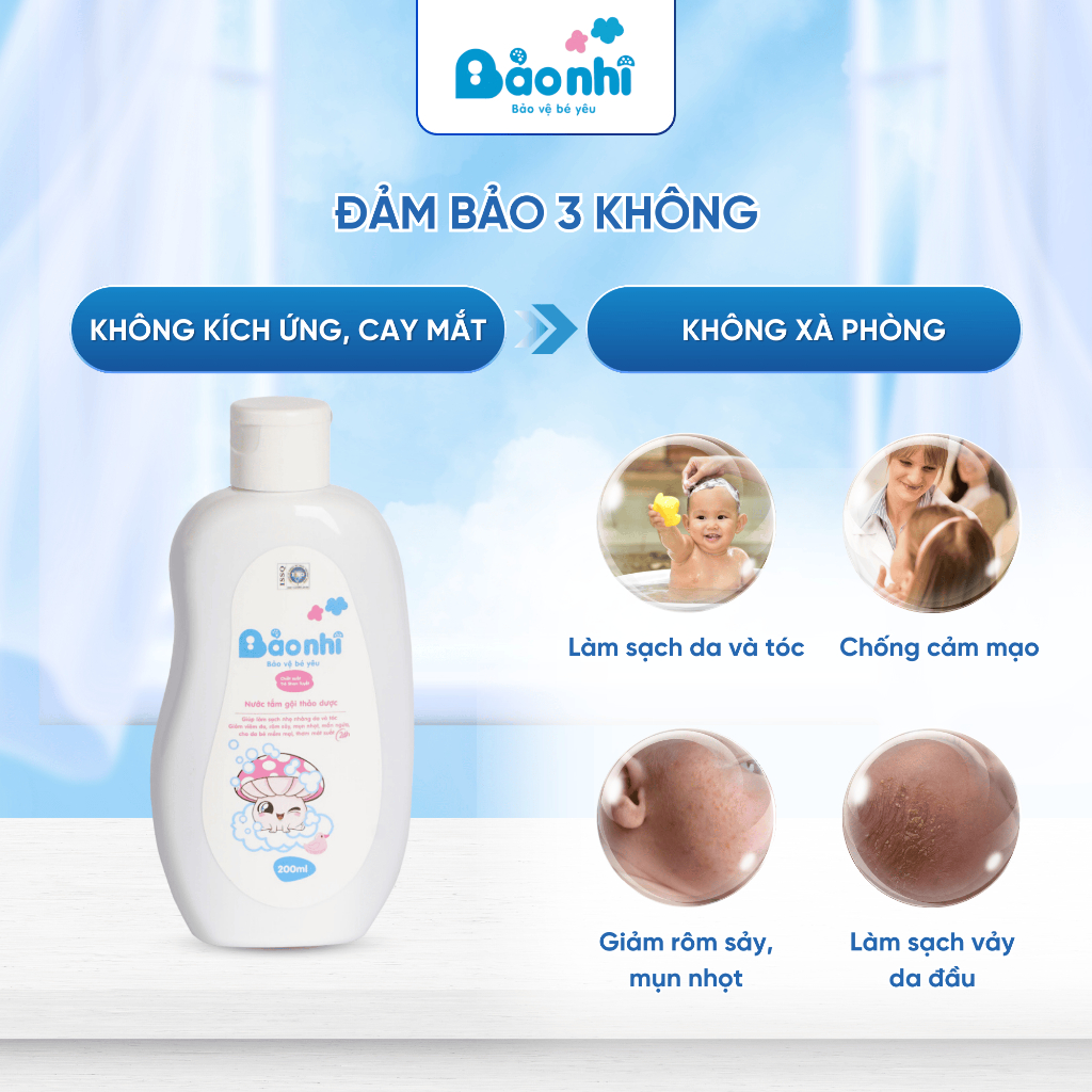 Nước Tắm Thảo Dược Bảo Nhi Giúp Giảm Mẩn Ngứa Và Rôm Sảy, Hỗ Trợ Làm Sạch, Mát Da Bé - Chai 200ml