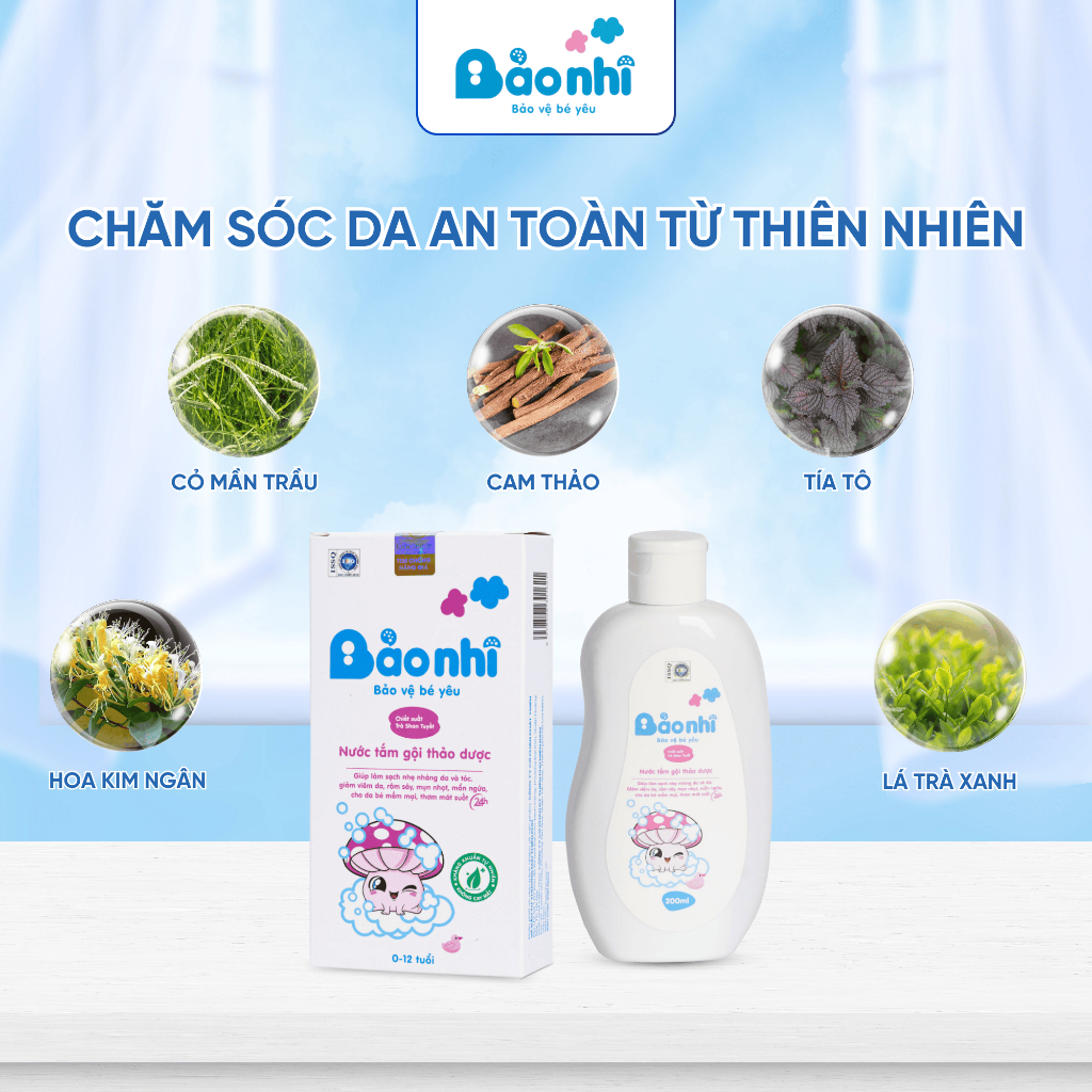 Nước Tắm Thảo Dược Bảo Nhi Giúp Giảm Mẩn Ngứa Và Rôm Sảy, Hỗ Trợ Làm Sạch, Mát Da Bé - Chai 200ml